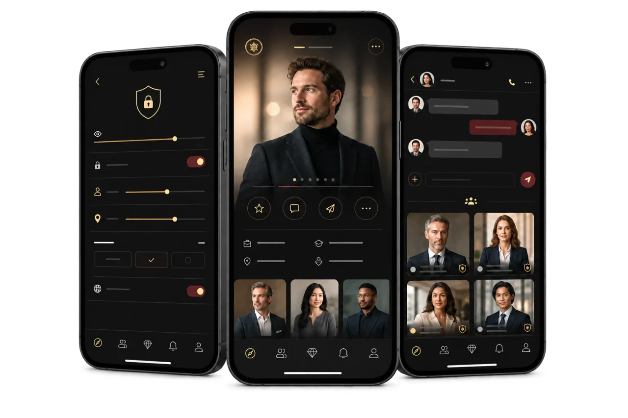 Findom Canada app shown on three smartphones with member discovery, privacy settings and private chat screens