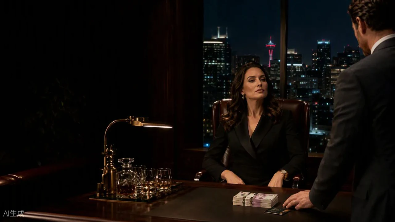 A commanding woman in a black blazer dress seated behind an executive desk with the Calgary skyline at night behind her