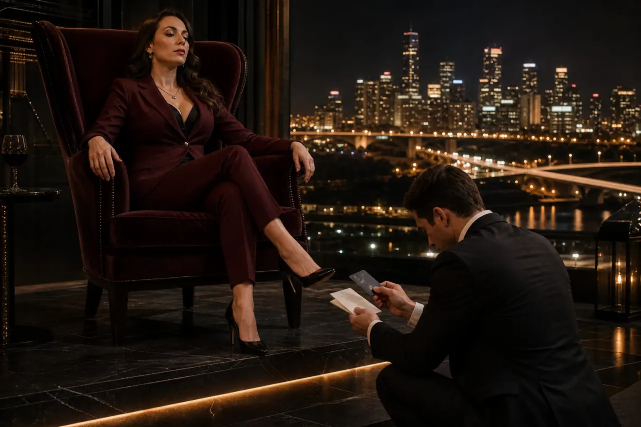 A poised woman in burgundy seated above a kneeling suited man overlooking the Edmonton skyline at night