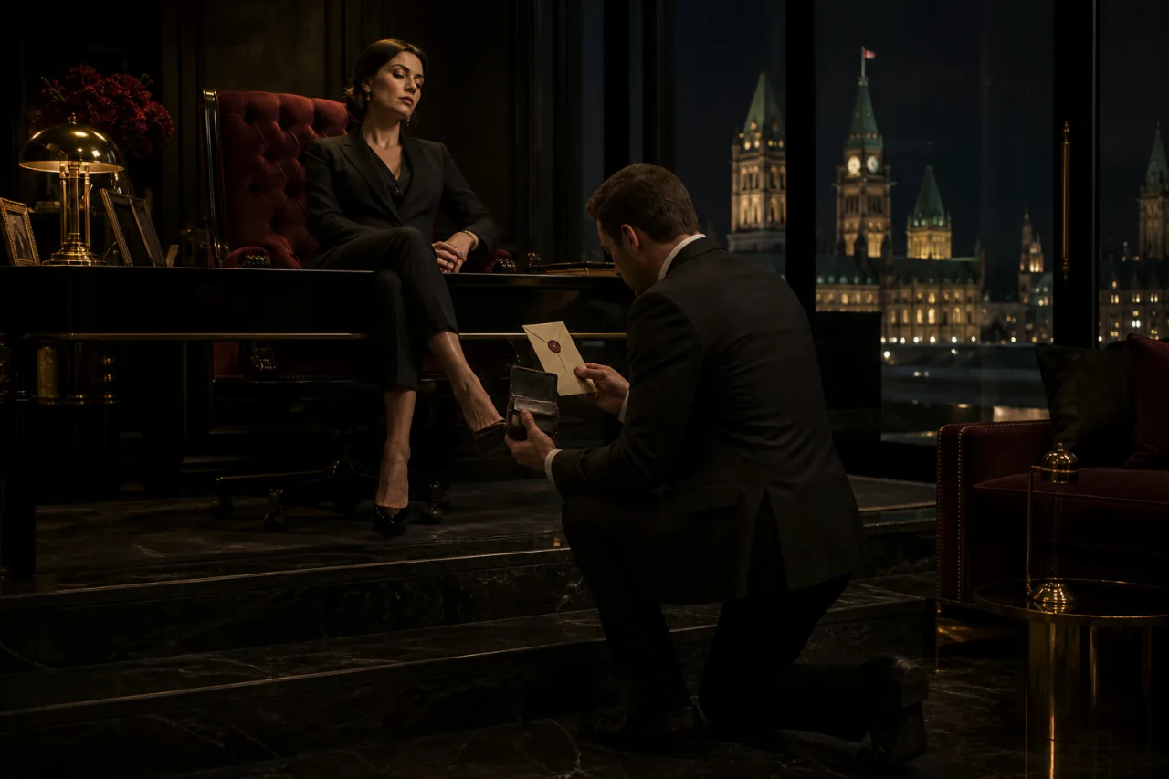 A commanding woman seated above a kneeling suited man in a dark Ottawa penthouse with Parliament Hill at night