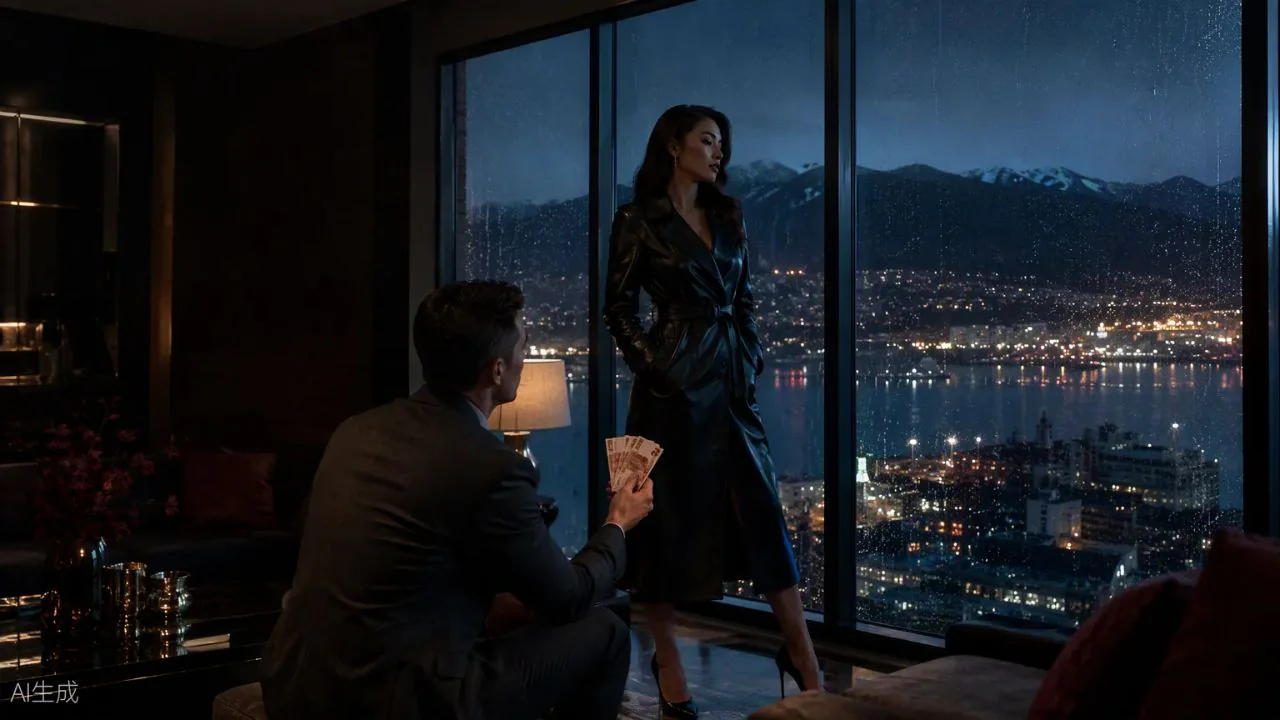 An elegant woman in a black leather trench coat standing beside rain-streaked glass in a Vancouver condo at night