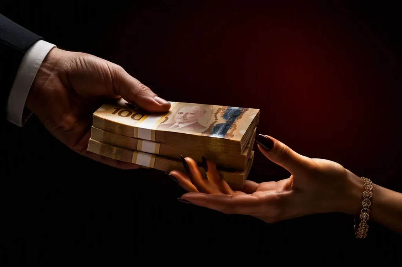 Close-up of an elegant female hand with long dark nails receiving thick bundles of Canadian cash from a male hand against a black background